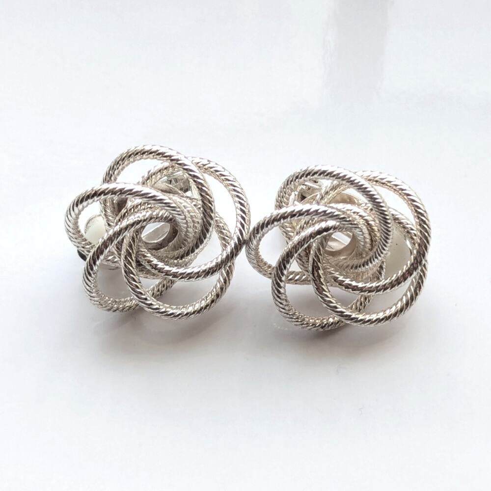 Vintage Estate Elegant Silver Tone Open Work Love Knot Swirl Clip On Earrings
